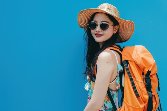 Happy young Asian tourist woman wearing beach hat, sunglasses and backpacks going to travel on holidays on blue background. 
