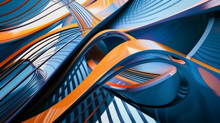 Dynamic blue shapes composition with orange lines