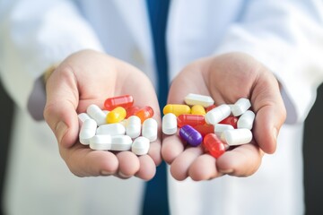 Multi-colored tablets, pills and capsules in the hands of a doctor in a white coat. - obrazy, fototapety, plakaty
