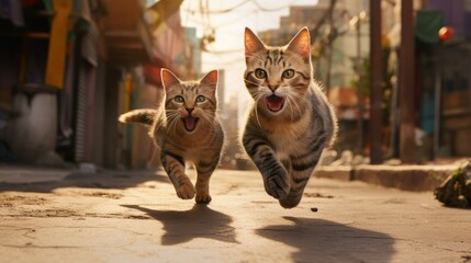 A flock of playful and curious cats runs along a sunny city street.
