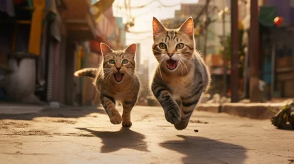 Fotobehang A flock of playful and curious cats runs along a sunny city street. © photolas