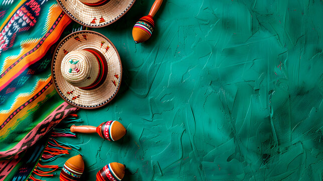 Cinco de mayo holiday background with mexican sombrero, maracas and mexican poncho on a green background. Image with copy space. Generative AI