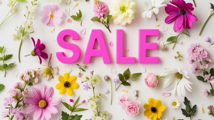 Spring sale with beautiful colorful flowers on white background