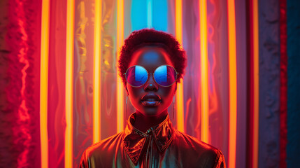 African american woman wearing sunglasses and a gold jacket stands in front of a neon sign. Bold and vibrant feel 