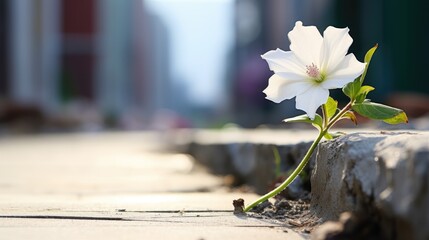 A lonely white flower grows from a crack in the asphalt road. Neutral blurred background. Place for text.