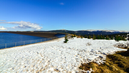 Loucna nad Desnu, Czech 5 March 2024:Beautiful Czech landscape, Jesenik and Kralik mountains in the Dlouhe strane water reservoir