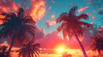 Zelfklevend Fotobehang Vintage Retro Filtered Hawaii Palm Trees At Sunset. © Matthew