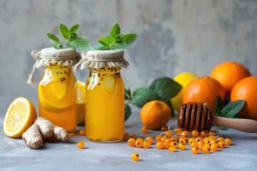 Lemons, mint, ginger, sea buckthorn berries, honey in glass jar, orange drink in bottle top view. Food for immunity stimulation and against flu. Healthy remedies to boost immune system, copy space. 