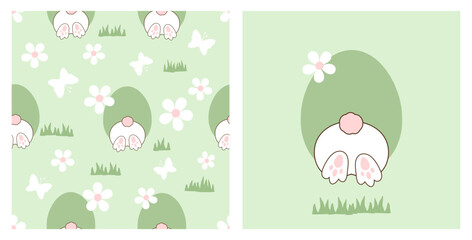 Easter seamless pattern with bunny rabbit bottom, rabbit hole, green grass, cute flower and butterfly cartoons on green background vector.