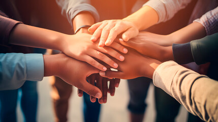 close up of hands holding hands, group of people joining hands, teamwork - obrazy, fototapety, plakaty
