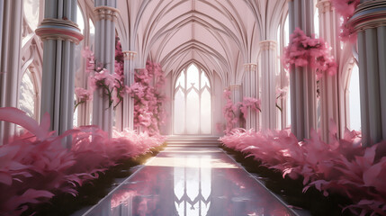 pink flowers, fantasy portal with pink flowers of hall for wedding ceremony - obrazy, fototapety, plakaty