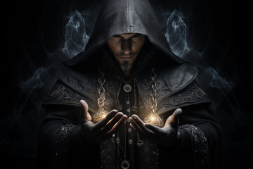 Cult member, mysterious man in hood casting a spell with fire and symbol in his hands. Generative AI - 753082492