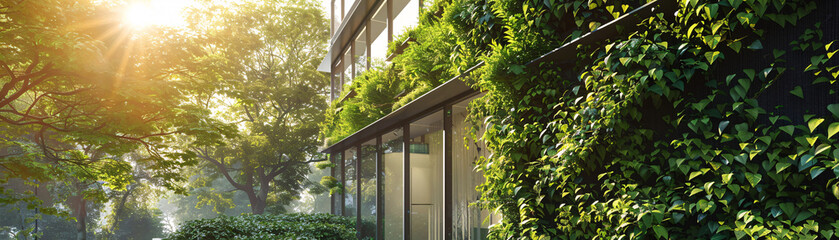 Sustainable architecture concept showing a building with a living green wall, reducing CO2 levels. Sustainable green building. Eco-friendly building. Green architecture. - obrazy, fototapety, plakaty