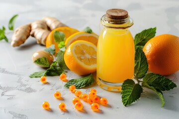 Lemons, mint, ginger, sea buckthorn berries, honey in glass jar, orange drink in bottle top view. Food for immunity stimulation and against flu.  - Powered by Adobe