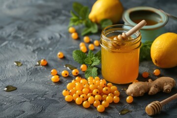 Lemons, mint, ginger, sea buckthorn berries, honey in glass jar, honey wooden dippers top view. Food for immunity stimulation and against flu. Healthy remedies to boost immune system, copy space. - obrazy, fototapety, plakaty