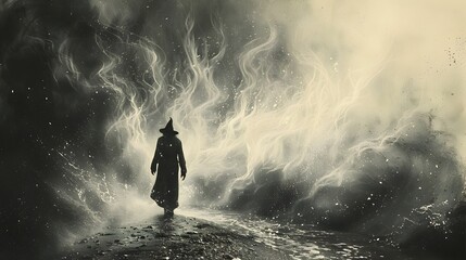 Witch Walking in Foggy Forest, To convey a sense of mystery and the supernatural in a stylish and artistic way, perfect for Halloween or magic - obrazy, fototapety, plakaty