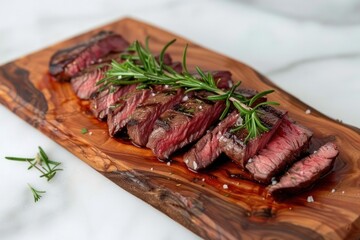 Medium rare sliced grilled striploin beef steak served on wooden board 