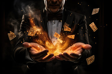 A magician in a tuxedo creates a spectacular display of fire and flying playing cards, showcasing a dramatic illusion in the dark. - obrazy, fototapety, plakaty