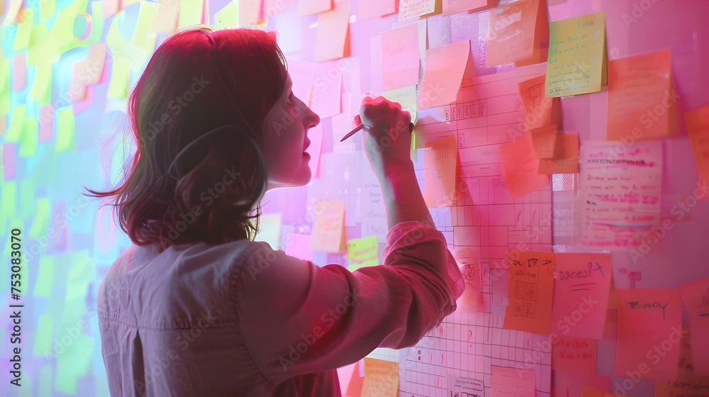 Poster creative professional brainstorming with sticky notes on wall. casual work environment, idea generat