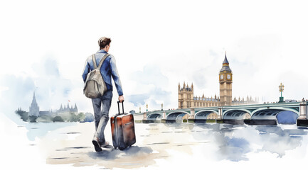 Great Britain traveling ads watercolor illustration, tourist with luggage in London, flight booking promotion, last minute voyage adventure - plane travel city trip guide advertising asset drawing. - obrazy, fototapety, plakaty
