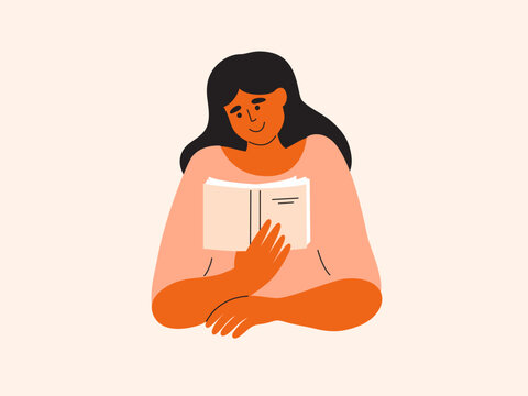Young woman reading holding book in hand. Female person books lover concept. Teen girl looks interest at page reads literature. Leisure, relax, literacy day fest, school, education vector illustration