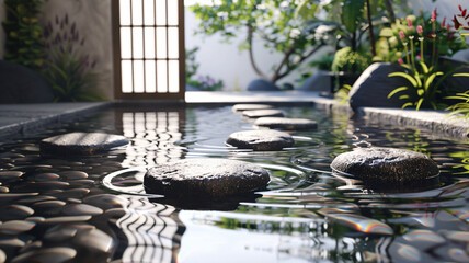 Naklejka premium 3D zen space with floating stones and water ripple effects