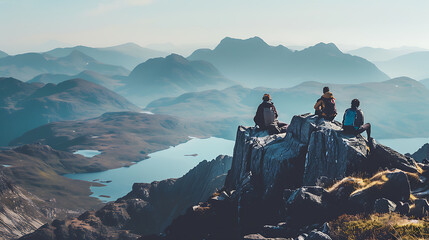 Hikers Resting on Mountain Peak Overlooking Scenic Landscape