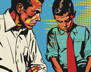 A dramatic pop art close-up showing a father and son, their stiff postures betraying familial tension