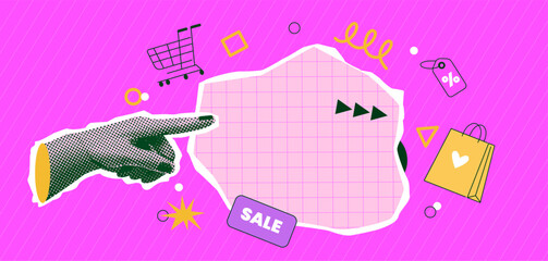 Retro halftone paper collage hand with doodle element. Online shopping and sale concept. Modern contemporary vector illustration.