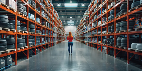 A person stands in the middle of a vast warehouse aisle surrounded by shelves stocked with car tires. - obrazy, fototapety, plakaty