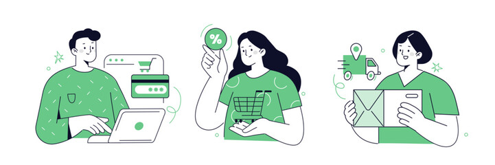 Shopping and delivery concept set. Characters buy goods at store, pay with card, receive a parcel. Online retail market. Vector illustration.