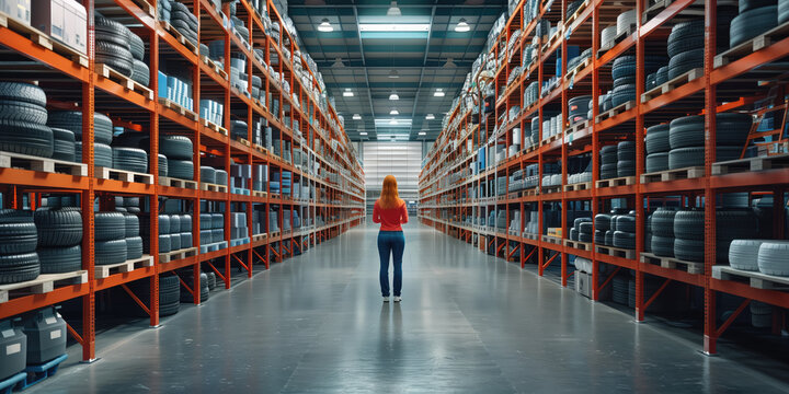 A person stands in the middle of a vast warehouse aisle surrounded by shelves stocked with car tires.