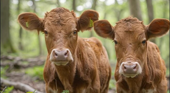 a pair of cows in the forest footage