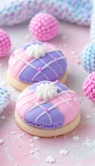 Colorful cookies with vintage quilt pattern in blue and pink icing on multi colored dough background