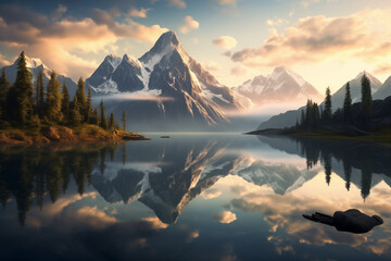 Tranquil mountain lake at dawn, surrounded by towering peaks and mirrored reflections of landscape. Generative AI - obrazy, fototapety, plakaty