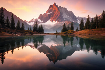 Serene mountain lake at dawn, surrounded by towering peaks and mirrored reflections of tranquil landscape. Generative AI - obrazy, fototapety, plakaty