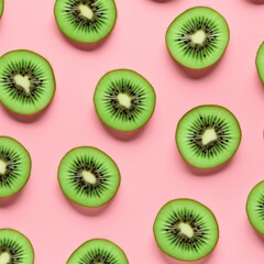 Fototapeta premium Slices of kiwi on pink background. Flat lay. Kiwi pattern for design.