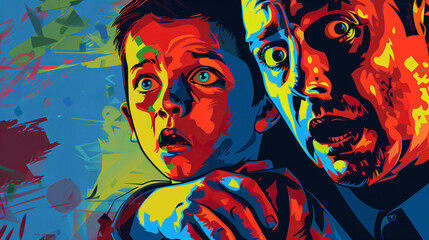 A pop art close-up of a father and son, their vibrant expressions masking a complex, troubled relationship