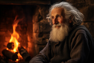 Wise elder, seated by a crackling fireplace with a book in hand. Generative AI