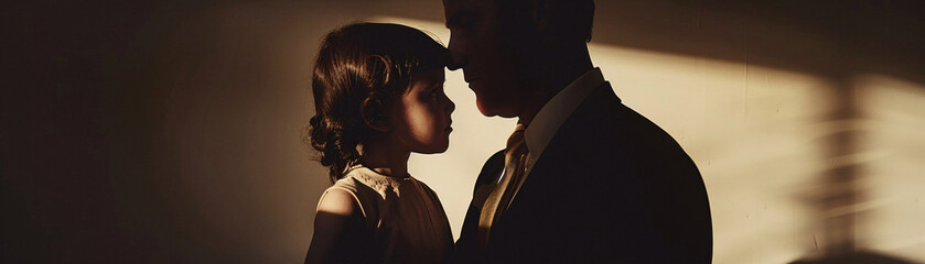 An intimate vintage-style portrait of a father and daughter, where shadows hint at the complexities of their bond - obrazy, fototapety, plakaty