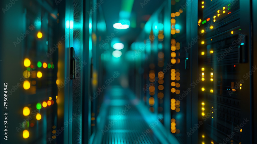 Poster blurred view of a data center with rows of server racks illuminated by blue and yellow led lights.