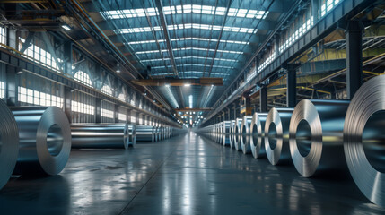 Obraz premium Rows of large aluminum rolls lined up in an industrial warehouse with a symmetrical perspective.