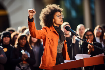 Fototapeta premium Young female activist, standing at a podium in front of a crowd. Generative AI
