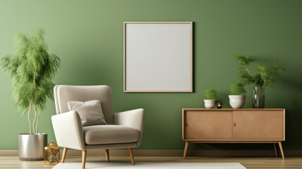Stylish living room interior design  mock up poster frame frotte armchair wooden side table