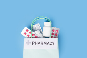 Prescription pills in a bag, online medication purchase, healthcare delivery service