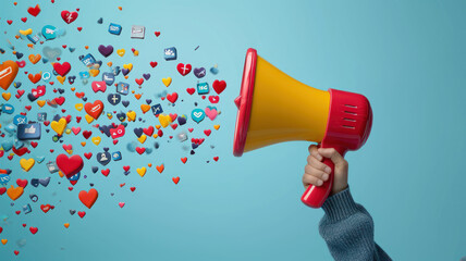 3d of hand holding megaphone spewing heart shaped social media icons - obrazy, fototapety, plakaty
