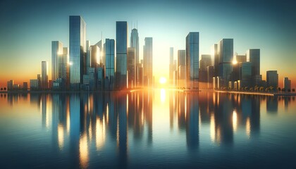 Obraz premium A modern city skyline is bathed in the warm glow of a rising or setting sun, with the skyscrapers' reflections shimmering on the calm water in the foreground., city skyline at sunset
