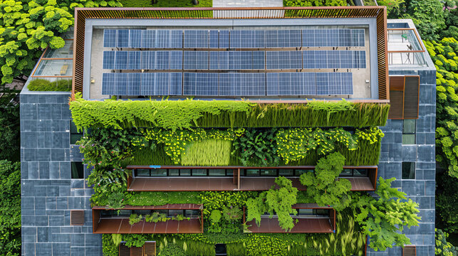 Climate solution-oriented building with green technology and eco materials. Sustainable green building. Eco-friendly building. Green architecture.