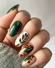 Close-up nail art inspired by nature, green and brown earth tones, leaf patterns, calming and fresh mood. Glamour woman hand with nail polish on her fingernails. Nail art and design.
