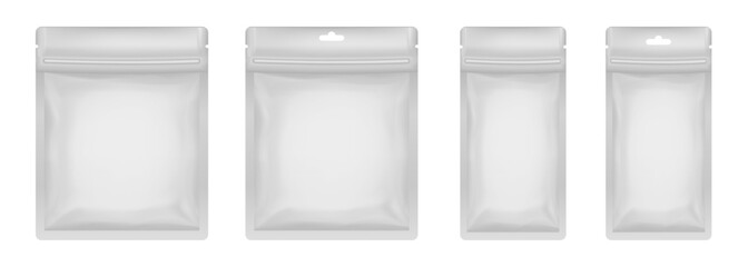 White sachet or pouch. Vector zip bags mockup, foil packs. Cosmetics samples. Sheet face mask	
